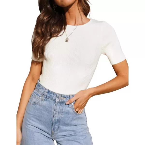 imageZESICA Womens Short Sleeve Crewneck Ribbed Knit Slim Fit T Shirt 2023 Summer Basic Solid Color Tee TopsWhite