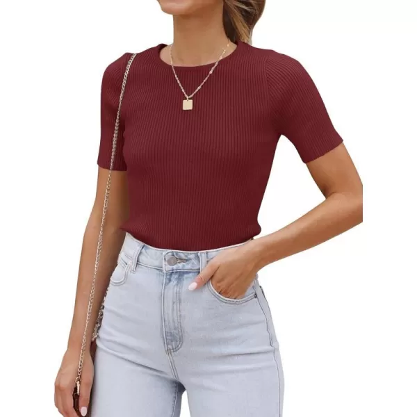 imageZESICA Womens Short Sleeve Crewneck Ribbed Knit Slim Fit T Shirt 2023 Summer Basic Solid Color Tee TopsWine