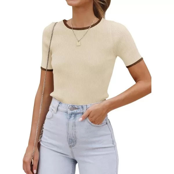 imageZESICA Womens Short Sleeve Crewneck Ribbed Knit Slim Fit T Shirt 2024 Summer Basic Casual Color Block Tee TopsApricot