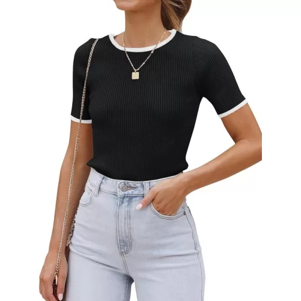 imageZESICA Womens Short Sleeve Crewneck Ribbed Knit Slim Fit T Shirt 2024 Summer Basic Casual Color Block Tee TopsBlack