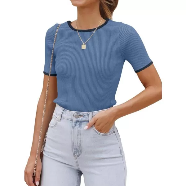 imageZESICA Womens Short Sleeve Crewneck Ribbed Knit Slim Fit T Shirt 2024 Summer Basic Casual Color Block Tee TopsDustyblue