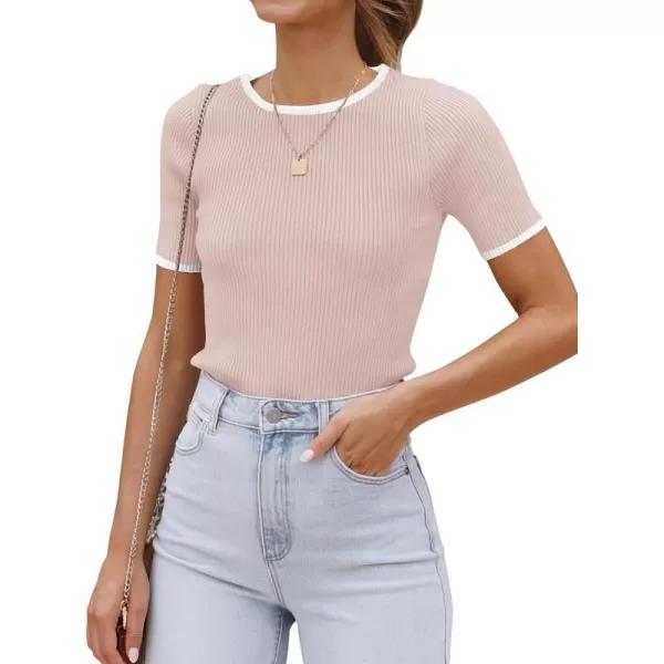 imageZESICA Womens Short Sleeve Crewneck Ribbed Knit Slim Fit T Shirt 2024 Summer Basic Casual Color Block Tee TopsDustypink