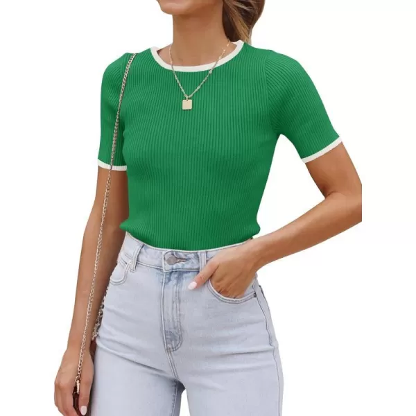 imageZESICA Womens Short Sleeve Crewneck Ribbed Knit Slim Fit T Shirt 2024 Summer Basic Casual Color Block Tee TopsGreen
