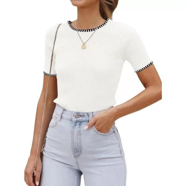 imageZESICA Womens Short Sleeve Crewneck Ribbed Knit Slim Fit T Shirt 2024 Summer Basic Casual Color Block Tee TopsIvory