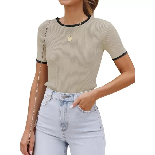 imageZESICA Womens Short Sleeve Crewneck Ribbed Knit Slim Fit T Shirt 2024 Summer Basic Casual Color Block Tee TopsOats