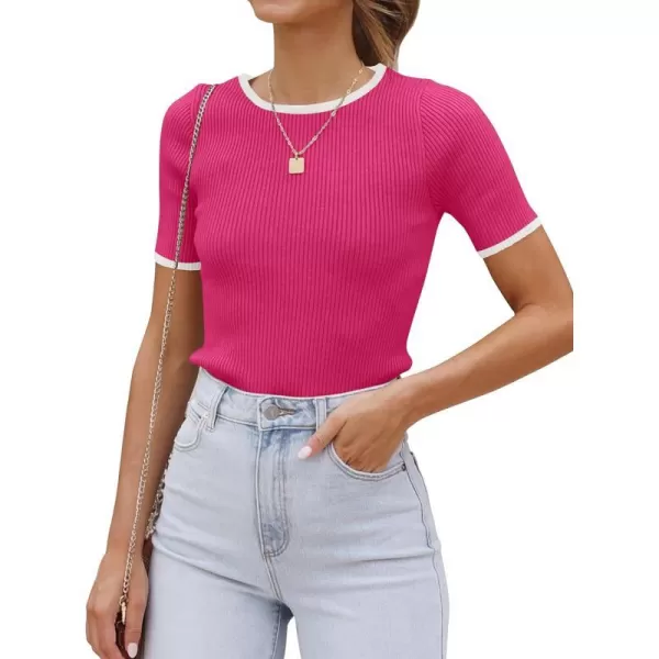 imageZESICA Womens Short Sleeve Crewneck Ribbed Knit Slim Fit T Shirt 2024 Summer Basic Casual Color Block Tee TopsRose