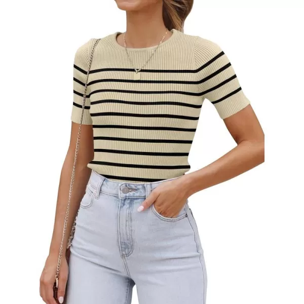imageZESICA Womens Short Sleeve Crewneck Striped T Shirt 2024 Summer Ribbed Knit Slim Fit Casual Basic Tee TopsAlmond