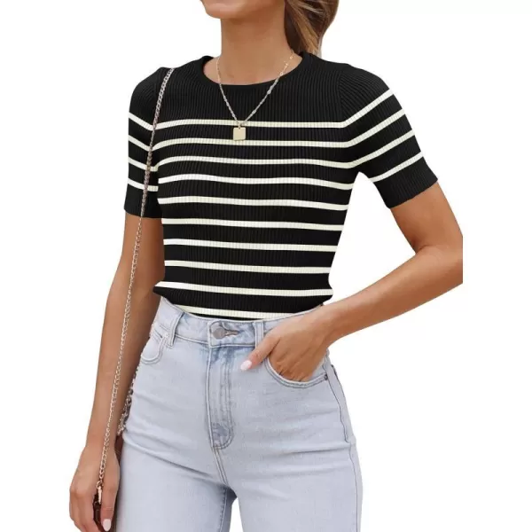 imageZESICA Womens Short Sleeve Crewneck Striped T Shirt 2024 Summer Ribbed Knit Slim Fit Casual Basic Tee TopsBlack