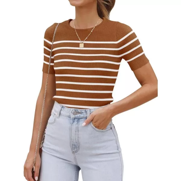 imageZESICA Womens Short Sleeve Crewneck Striped T Shirt 2024 Summer Ribbed Knit Slim Fit Casual Basic Tee TopsBrown