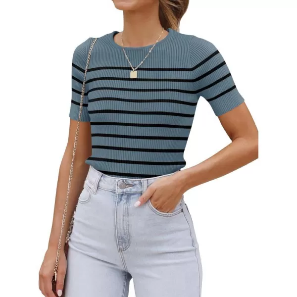 imageZESICA Womens Short Sleeve Crewneck Striped T Shirt 2024 Summer Ribbed Knit Slim Fit Casual Basic Tee TopsDarkblue