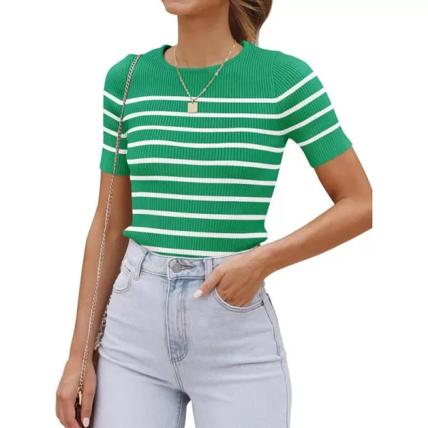 imageZESICA Womens Short Sleeve Crewneck Striped T Shirt 2024 Summer Ribbed Knit Slim Fit Casual Basic Tee TopsGreen