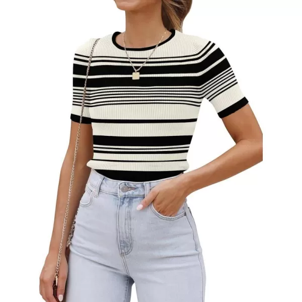 imageZESICA Womens Short Sleeve Crewneck Striped T Shirt 2024 Summer Ribbed Knit Slim Fit Casual Basic Tee TopsIvory