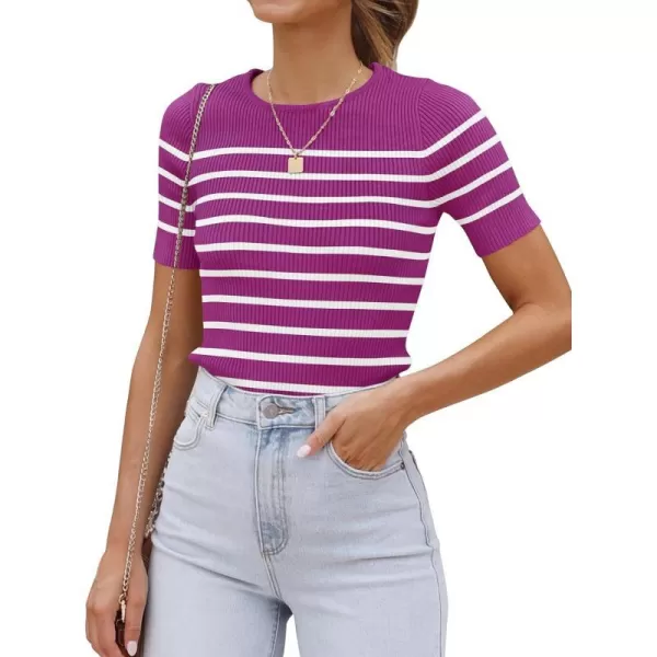 imageZESICA Womens Short Sleeve Crewneck Striped T Shirt 2024 Summer Ribbed Knit Slim Fit Casual Basic Tee TopsMagenta
