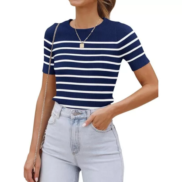 imageZESICA Womens Short Sleeve Crewneck Striped T Shirt 2024 Summer Ribbed Knit Slim Fit Casual Basic Tee TopsNavy
