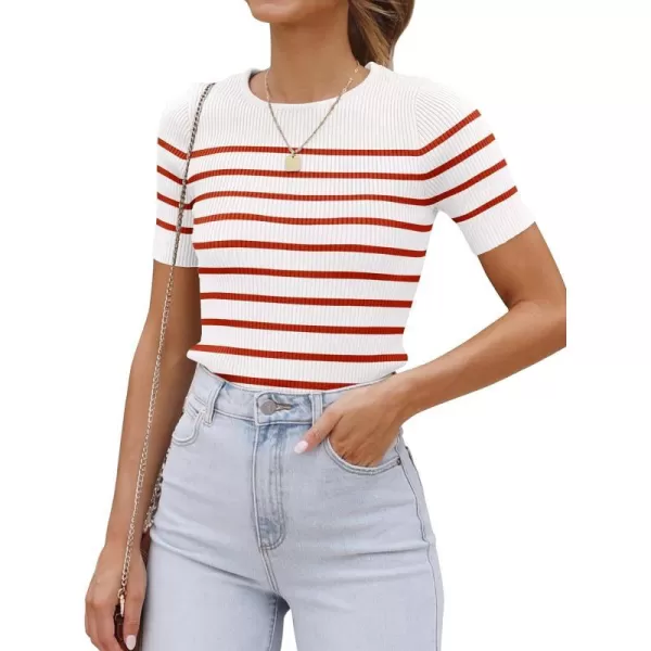 imageZESICA Womens Short Sleeve Crewneck Striped T Shirt 2024 Summer Ribbed Knit Slim Fit Casual Basic Tee TopsRed