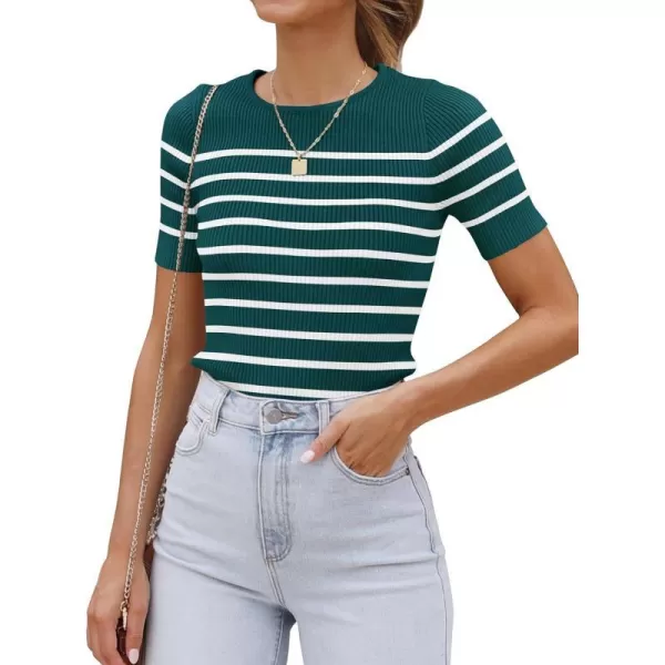 imageZESICA Womens Short Sleeve Crewneck Striped T Shirt 2024 Summer Ribbed Knit Slim Fit Casual Basic Tee TopsTeal