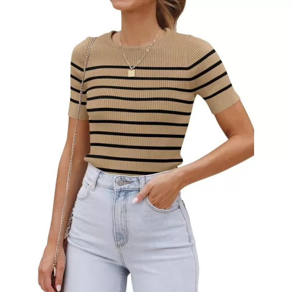 imageZESICA Womens Short Sleeve Crewneck Striped T Shirt 2024 Summer Ribbed Knit Slim Fit Casual Basic Tee TopsToffee