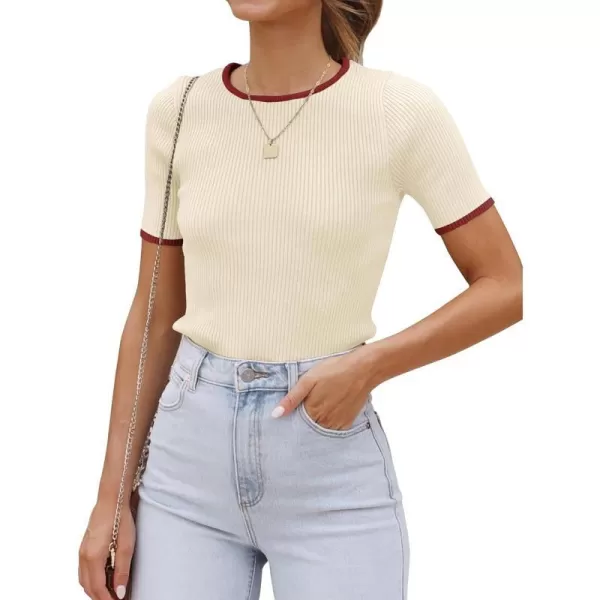 imageZESICA Womens Short Sleeve Crewneck T Shirt 2024 Summer Ribbed Knit Slim Fit Basic Solid Color Tee TopsApricot