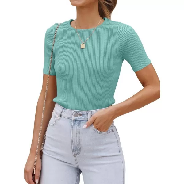 imageZESICA Womens Short Sleeve Crewneck T Shirt 2024 Summer Ribbed Knit Slim Fit Basic Solid Color Tee TopsMint