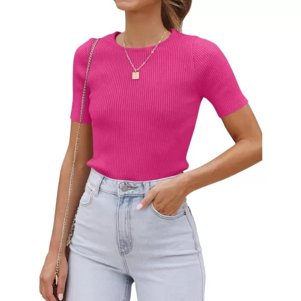 imageZESICA Womens Short Sleeve Crewneck T Shirt 2024 Summer Ribbed Knit Slim Fit Basic Solid Color Tee TopsRose
