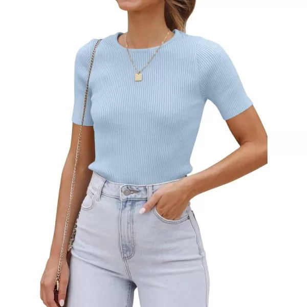 imageZESICA Womens Short Sleeve Crewneck T Shirt 2024 Summer Ribbed Knit Slim Fit Basic Solid Color Tee TopsSkyblue