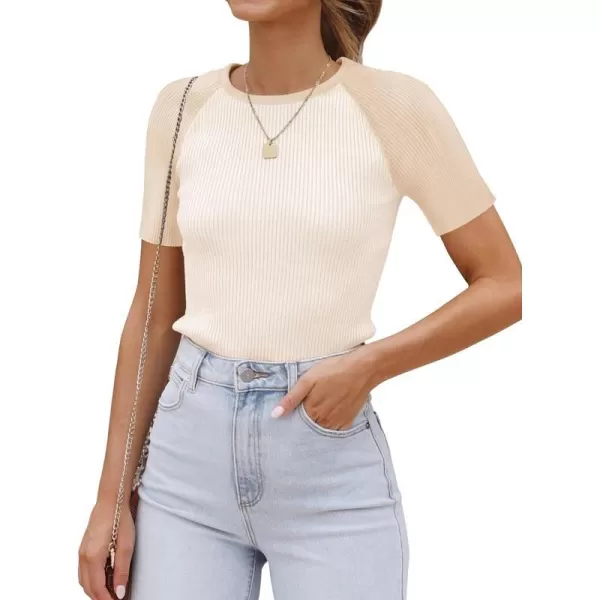 imageZESICA Womens Short Sleeve Ribbed Color Block Tops Summer Crewneck Knit T ShirtsBeige