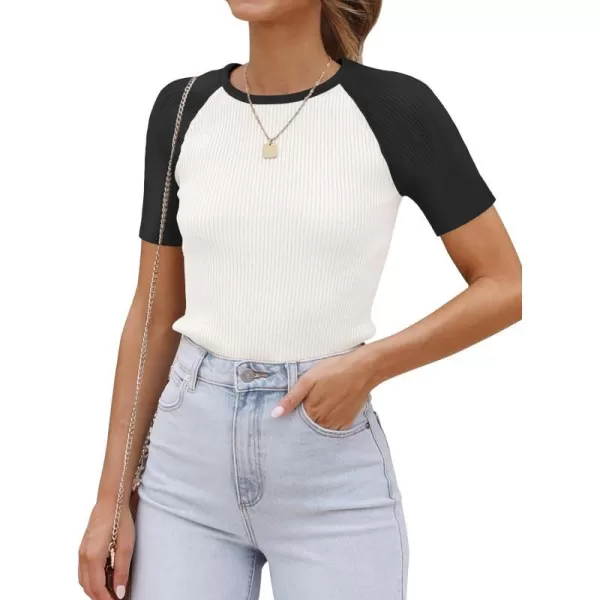 imageZESICA Womens Short Sleeve Ribbed Color Block Tops Summer Crewneck Knit T ShirtsBlack