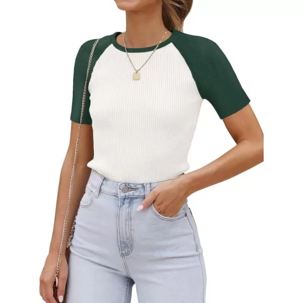 imageZESICA Womens Short Sleeve Ribbed Color Block Tops Summer Crewneck Knit T ShirtsGreen