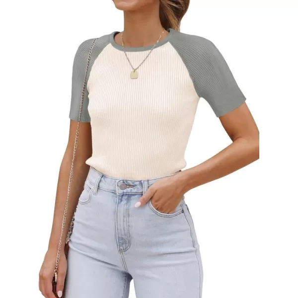 imageZESICA Womens Short Sleeve Ribbed Color Block Tops Summer Crewneck Knit T ShirtsGrey