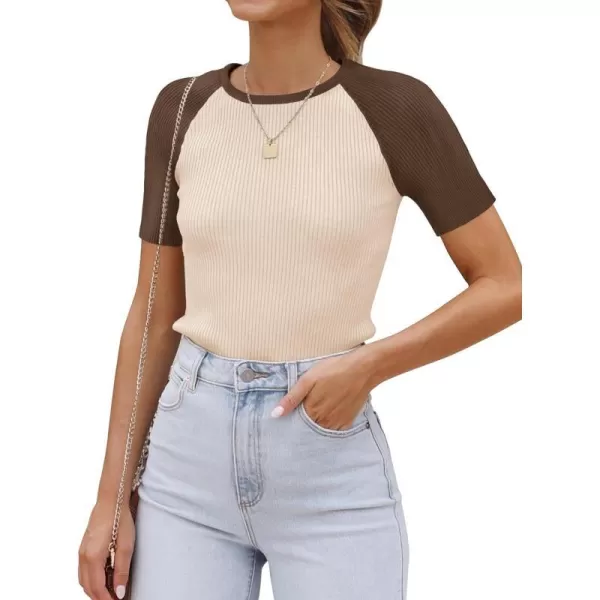 imageZESICA Womens Short Sleeve Ribbed Color Block Tops Summer Crewneck Knit T ShirtsKhaki