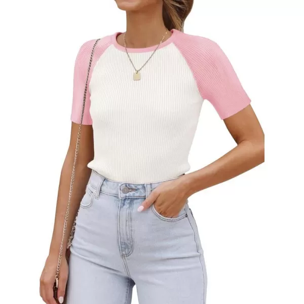 imageZESICA Womens Short Sleeve Ribbed Color Block Tops Summer Crewneck Knit T ShirtsPink