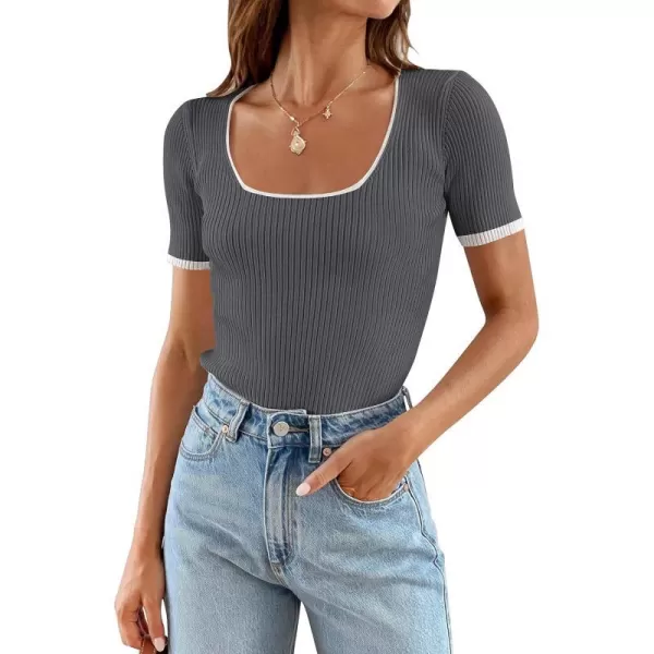 imageZESICA Womens Short Sleeve Square Neck Color Block T Shirt 2024 Summer Slim Fit Ribbed Knit Basic Tee TopsDarkgrey