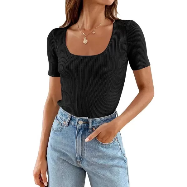 imageZESICA Womens Short Sleeve Square Neck T Shirts 2024 Summer Slim Fitted Ribbed Knit Basic Casual Tee TopsBlack