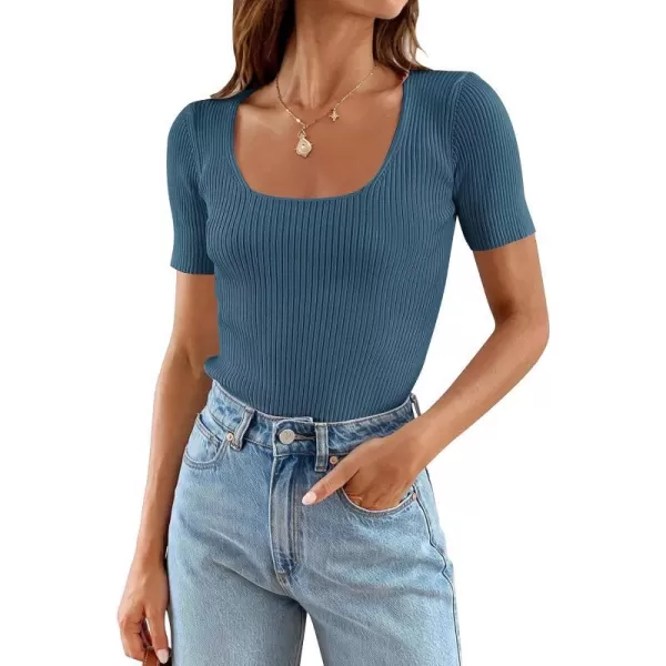 imageZESICA Womens Short Sleeve Square Neck T Shirts 2024 Summer Slim Fitted Ribbed Knit Basic Casual Tee TopsDarkblue