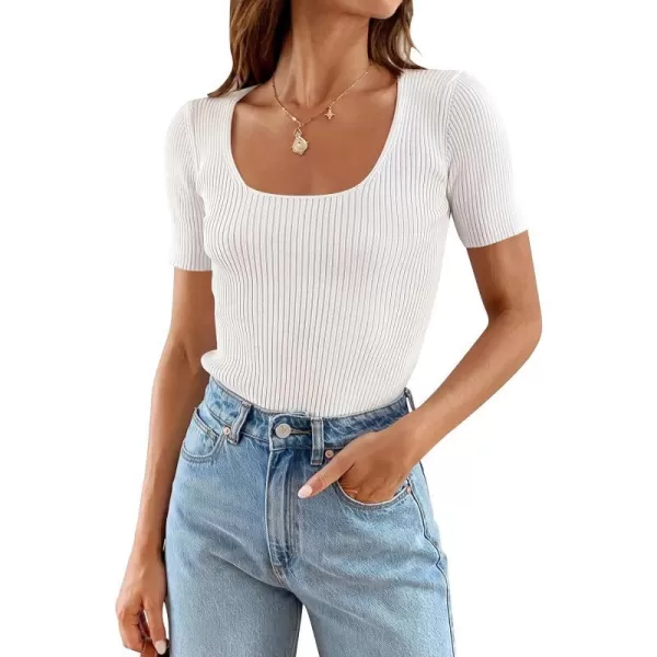imageZESICA Womens Short Sleeve Square Neck T Shirts 2024 Summer Slim Fitted Ribbed Knit Basic Casual Tee TopsWhite
