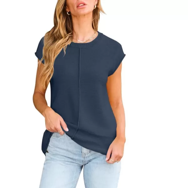 imageZESICA Womens Short Sleeve Tunic Tops Casual Crew Neck Sleeveless Solid Pullover Sweaters Basic Loose Knit Sweater VestDusty Blue