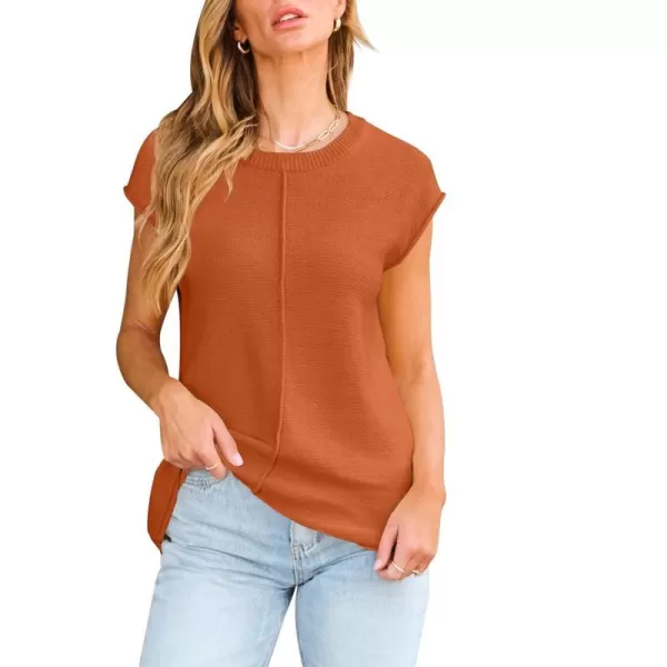 imageZESICA Womens Short Sleeve Tunic Tops Casual Crew Neck Sleeveless Solid Pullover Sweaters Basic Loose Knit Sweater VestOrange