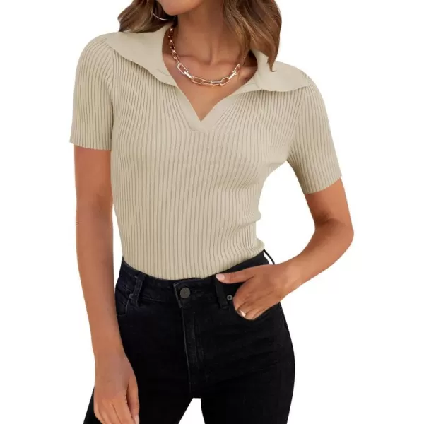 imageZESICA Womens Short Sleeve V Neck T Shirts 2024 Summer Ribbed Knit Slim Fitted Basic Solid Color Tee TopsAlmond