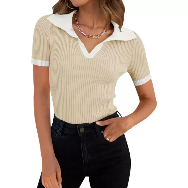 imageZESICA Womens Short Sleeve V Neck T Shirts 2024 Summer Ribbed Knit Slim Fitted Basic Solid Color Tee TopsApricot