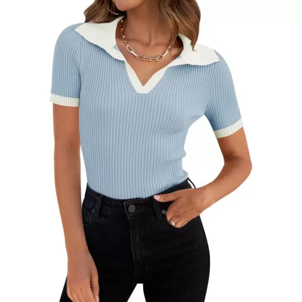 imageZESICA Womens Short Sleeve V Neck T Shirts 2024 Summer Ribbed Knit Slim Fitted Basic Solid Color Tee TopsBlue