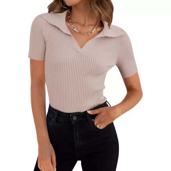 imageZESICA Womens Short Sleeve V Neck T Shirts 2024 Summer Ribbed Knit Slim Fitted Basic Solid Color Tee TopsDustypink
