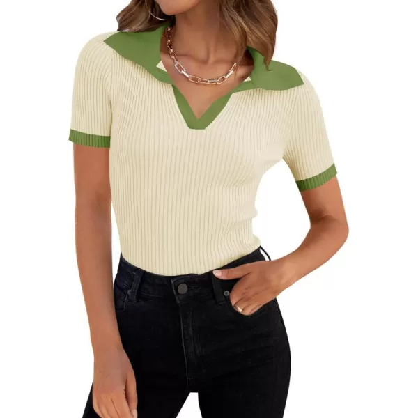 imageZESICA Womens Short Sleeve V Neck T Shirts 2024 Summer Ribbed Knit Slim Fitted Basic Solid Color Tee TopsIvory