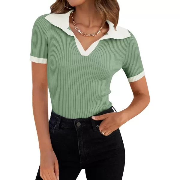 imageZESICA Womens Short Sleeve V Neck T Shirts 2024 Summer Ribbed Knit Slim Fitted Basic Solid Color Tee TopsLight Green