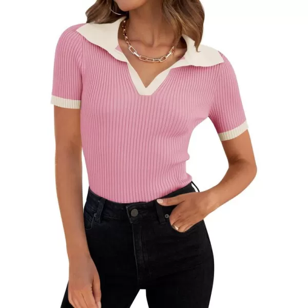 imageZESICA Womens Short Sleeve V Neck T Shirts 2024 Summer Ribbed Knit Slim Fitted Basic Solid Color Tee TopsPink
