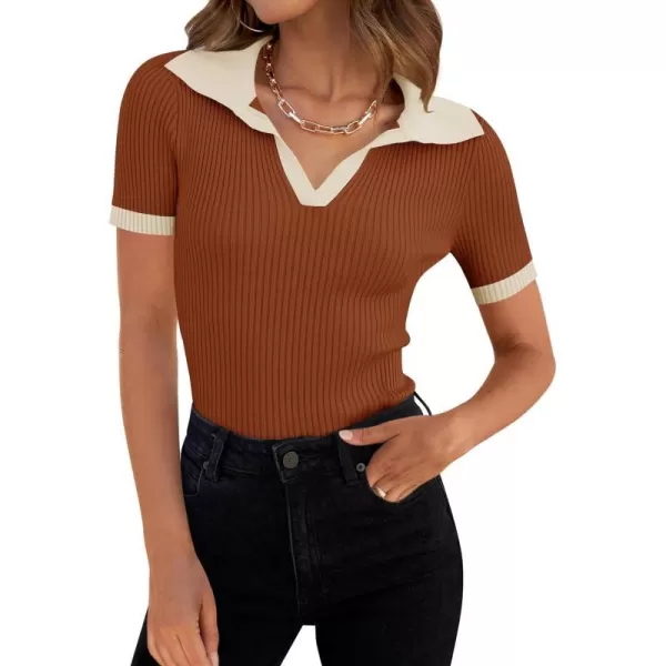 imageZESICA Womens Short Sleeve V Neck T Shirts 2024 Summer Ribbed Knit Slim Fitted Basic Solid Color Tee TopsRust