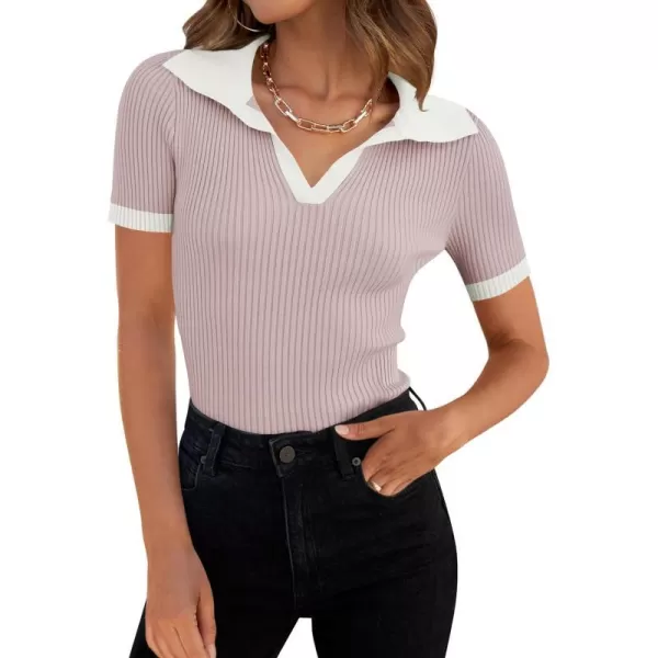 imageZESICA Womens Short Sleeve V Neck T Shirts 2024 Summer Ribbed Knit Slim Fitted Basic Solid Color Tee TopsTaro