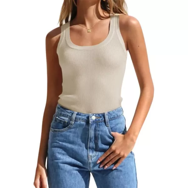imageZESICA Womens Sleeveless Tank Tops Summer Scoop Neck Ribbed Knit Slim Fitted Casual Basic Tee ShirtsAlmond