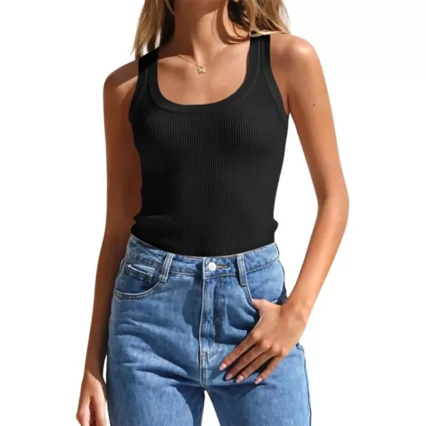imageZESICA Womens Sleeveless Tank Tops Summer Scoop Neck Ribbed Knit Slim Fitted Casual Basic Tee ShirtsBlack