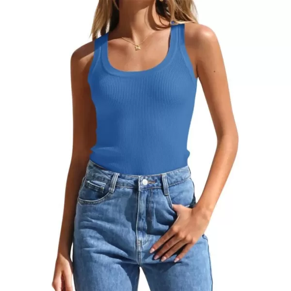 imageZESICA Womens Sleeveless Tank Tops Summer Scoop Neck Ribbed Knit Slim Fitted Casual Basic Tee ShirtsCobalt