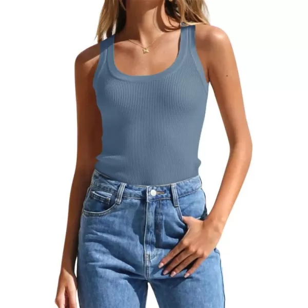 imageZESICA Womens Sleeveless Tank Tops Summer Scoop Neck Ribbed Knit Slim Fitted Casual Basic Tee ShirtsDustyblue